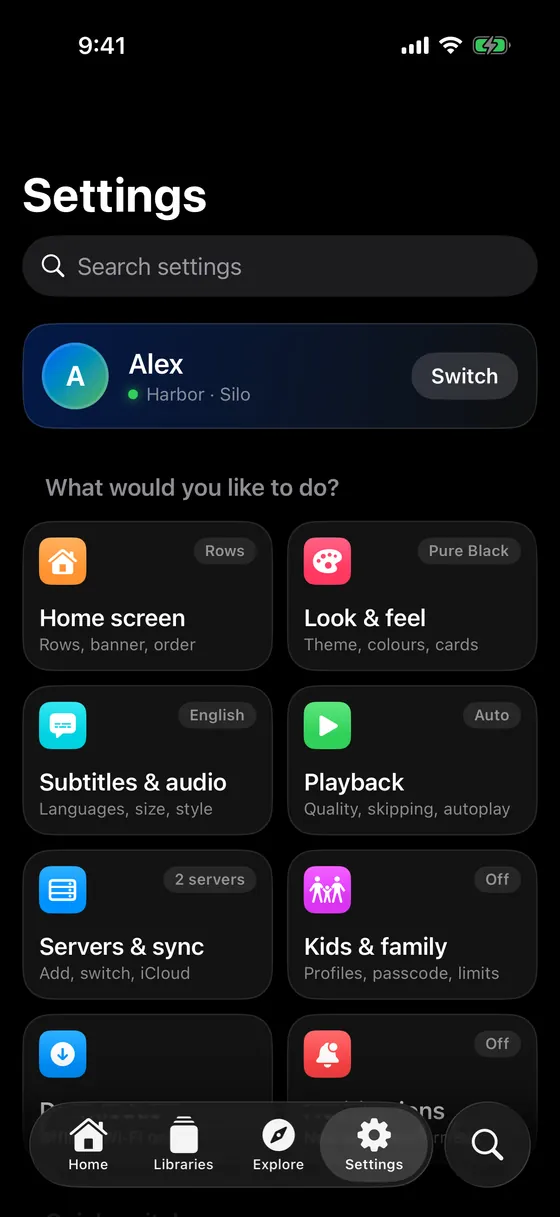 Muxo settings on iPhone, grouped into simple tiles