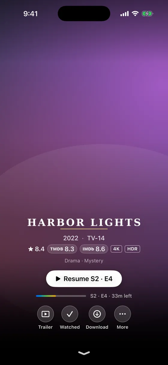 A show's page on iPhone with a Resume button, ratings and episode progress