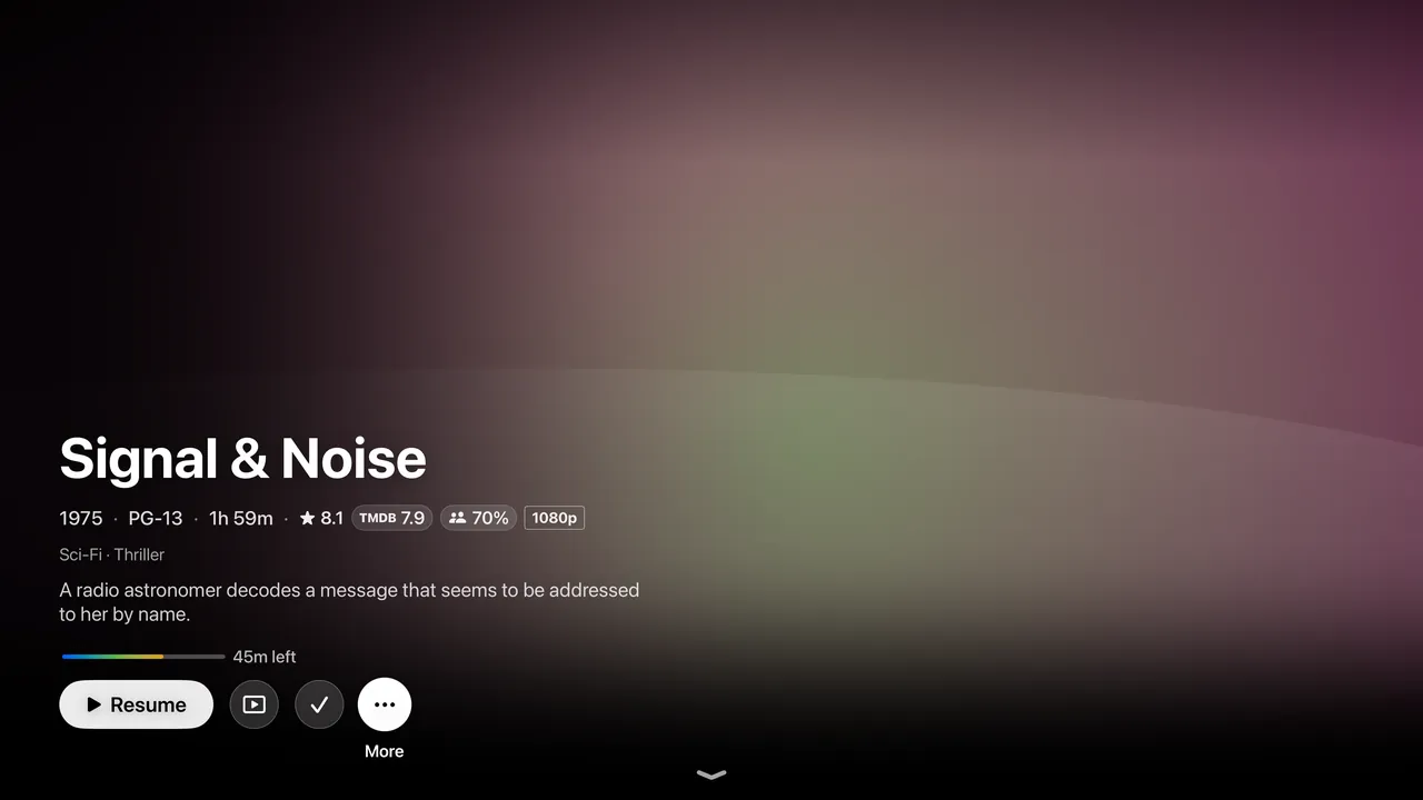 A movie's page on Apple TV with progress and Resume